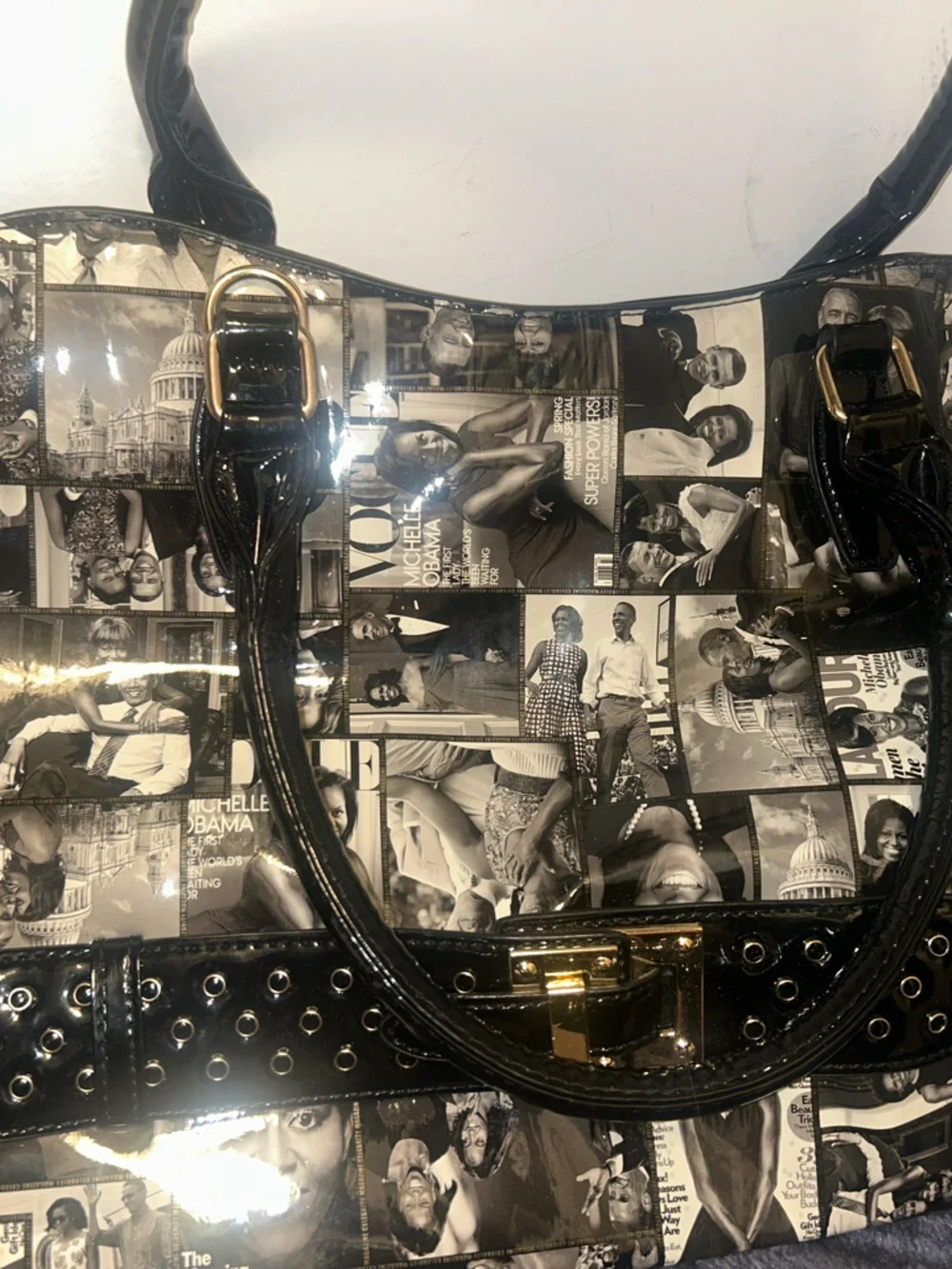Black Photo-Collage Patent Tote with Gold Hardware